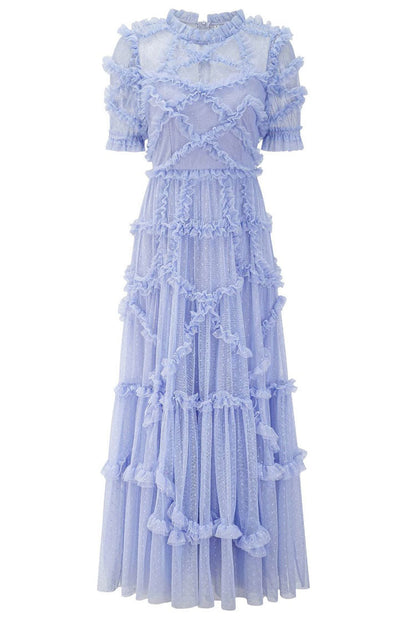 Mock Neck Swiss Dot Tulle Puff Sleeve Tiered Ruffle Midi Gown