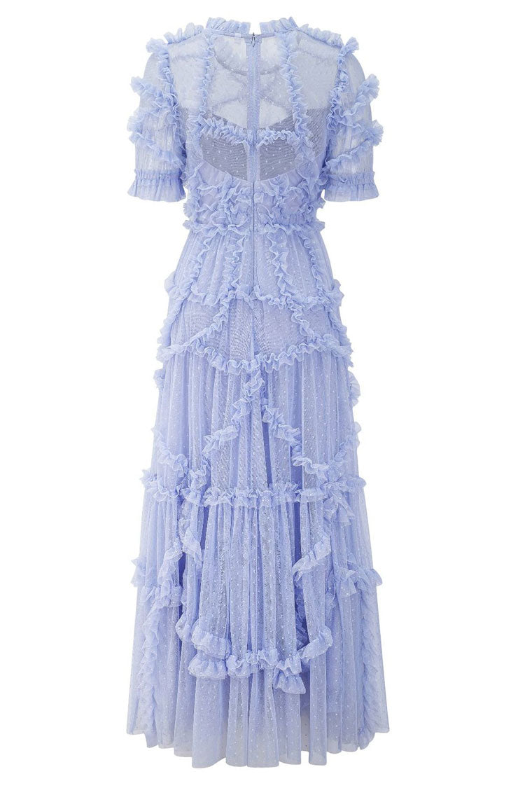 Mock Neck Swiss Dot Tulle Puff Sleeve Tiered Ruffle Midi Gown