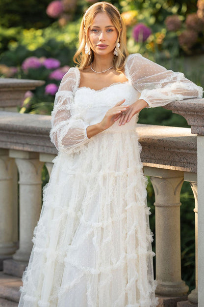 Sweetheart Swiss Dot Tulle Ruffle Tiered Bell Sleeve Belted Maxi Gown