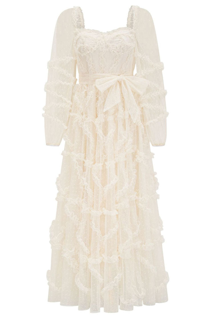 Sweetheart Swiss Dot Tulle Ruffle Tiered Bell Sleeve Belted Maxi Gown