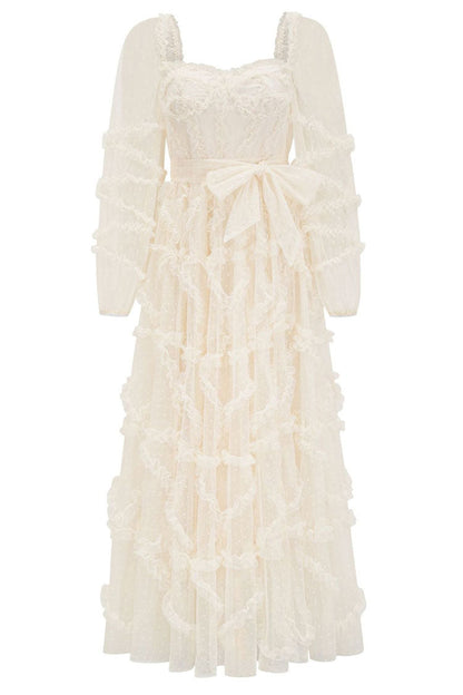 Sweetheart Swiss Dot Tulle Ruffle Tiered Bell Sleeve Belted Maxi Gown