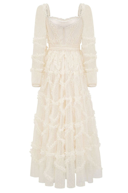 Sweetheart Swiss Dot Tulle Ruffle Tiered Bell Sleeve Belted Maxi Gown