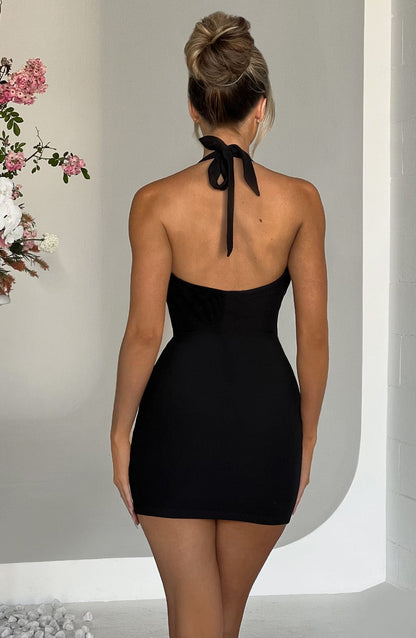 Halter Cowl Neck Rhinestone Encrusted Bodycon Mini Dress