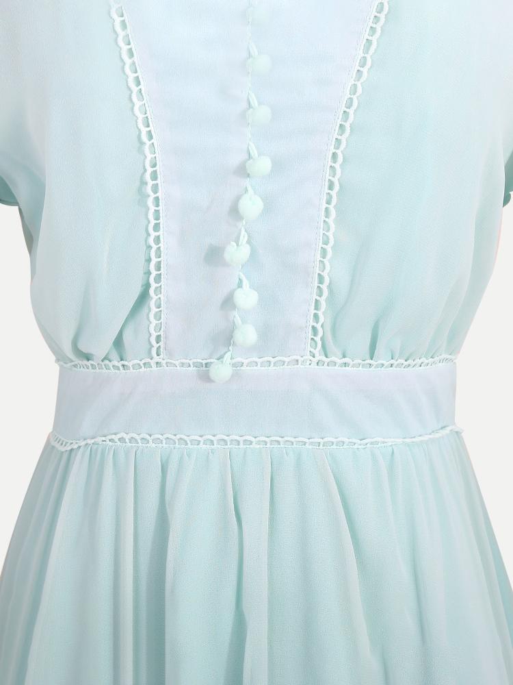 Crochet Lace Trim Lantern Sleeve Button Front Tiered Ruffle Midi Dress