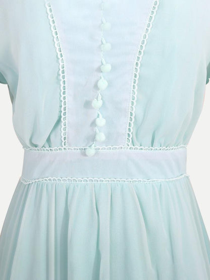 Crochet Lace Trim Lantern Sleeve Button Front Tiered Ruffle Midi Dress