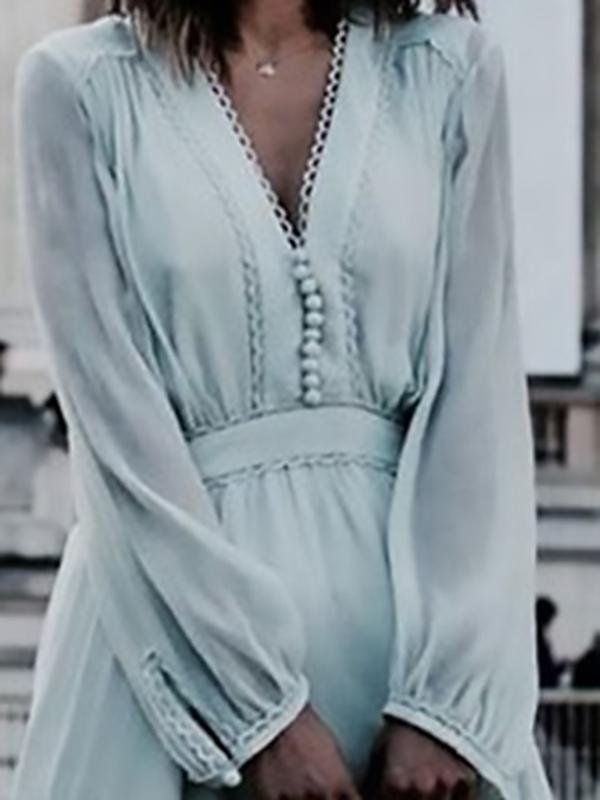 Crochet Lace Trim Lantern Sleeve Button Front Tiered Ruffle Midi Dress