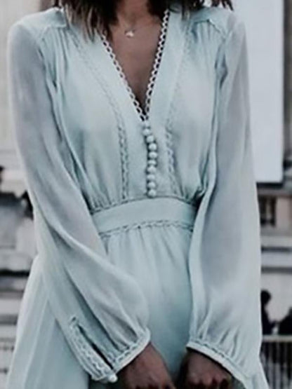 Crochet Lace Trim Lantern Sleeve Button Front Tiered Ruffle Midi Dress