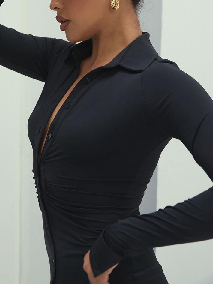 Plunge V-Neck Button Front Ruched Waist Long Sleeve Bodycon Mini Dress