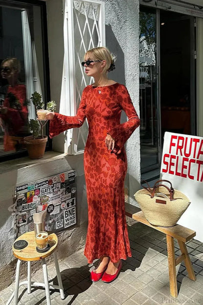 Fashion Print Fitted Crew Neck Maxi Dress