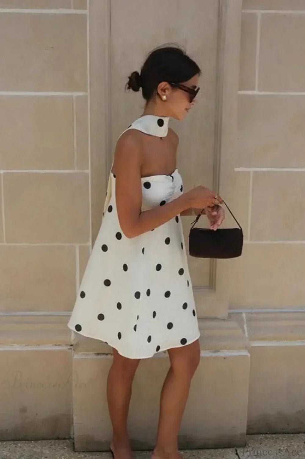 Polka Dot Strapless Ruched Bust Matching Neck Scarf Mini Dress