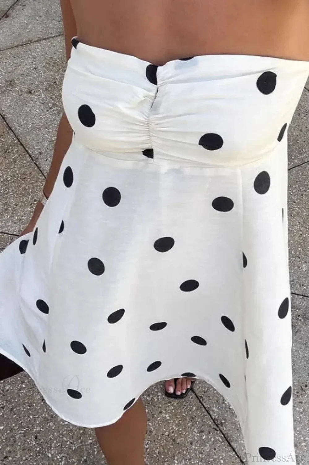 Polka Dot Strapless Ruched Bust Matching Neck Scarf Mini Dress