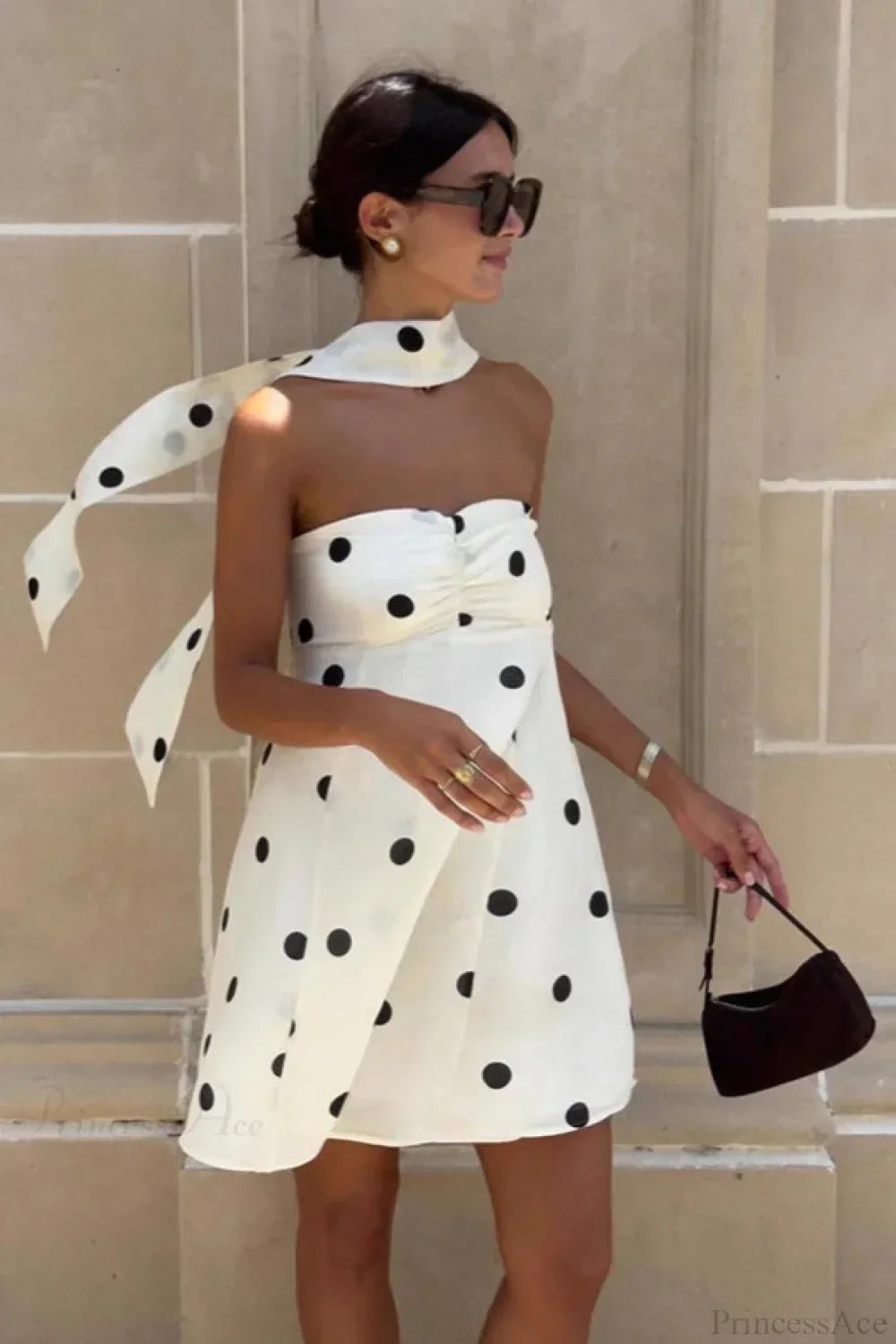 Polka Dot Strapless Ruched Bust Matching Neck Scarf Mini Dress