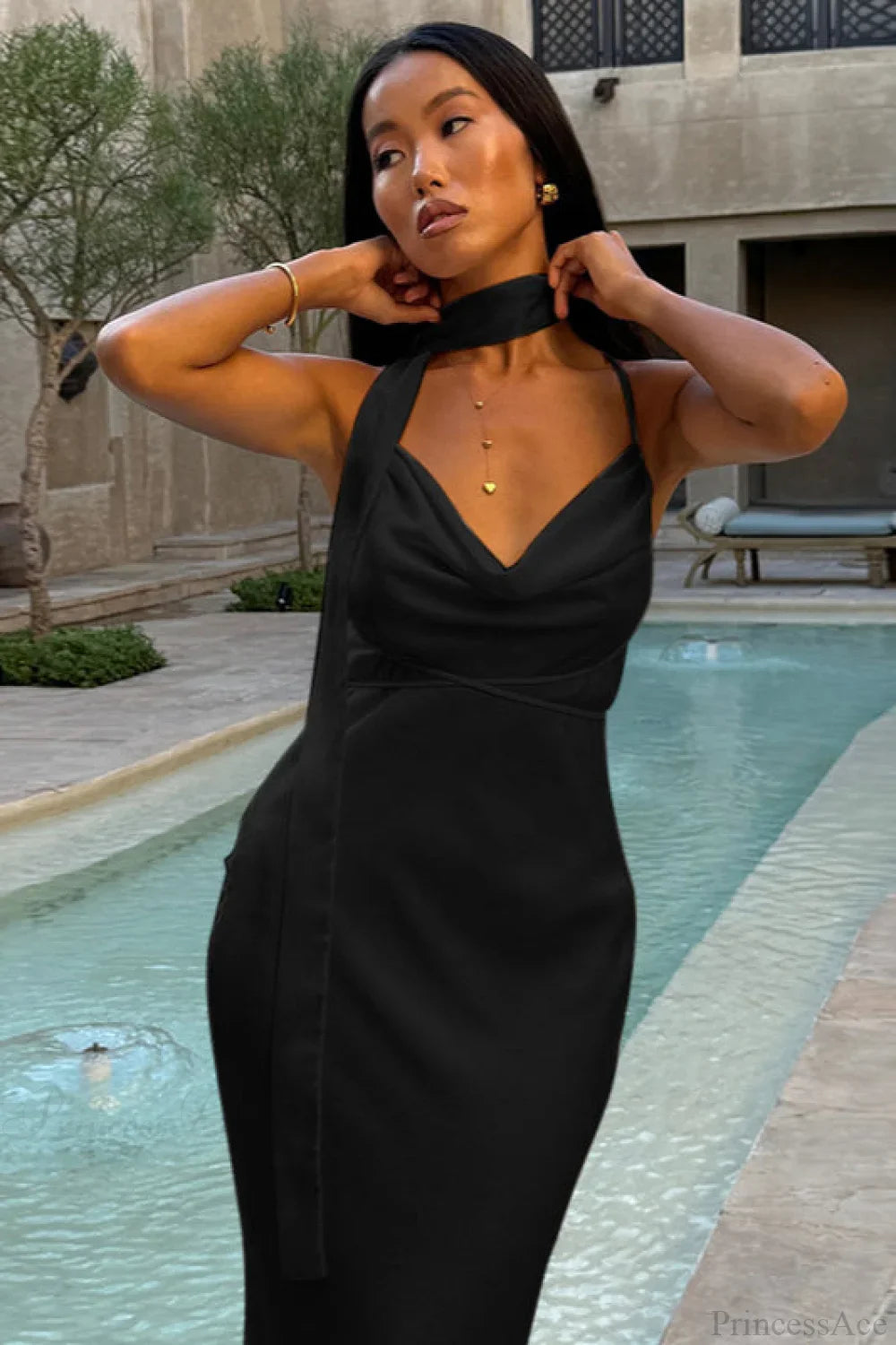 Fashionable Satin Tie Cami Bodycon Party  Dress