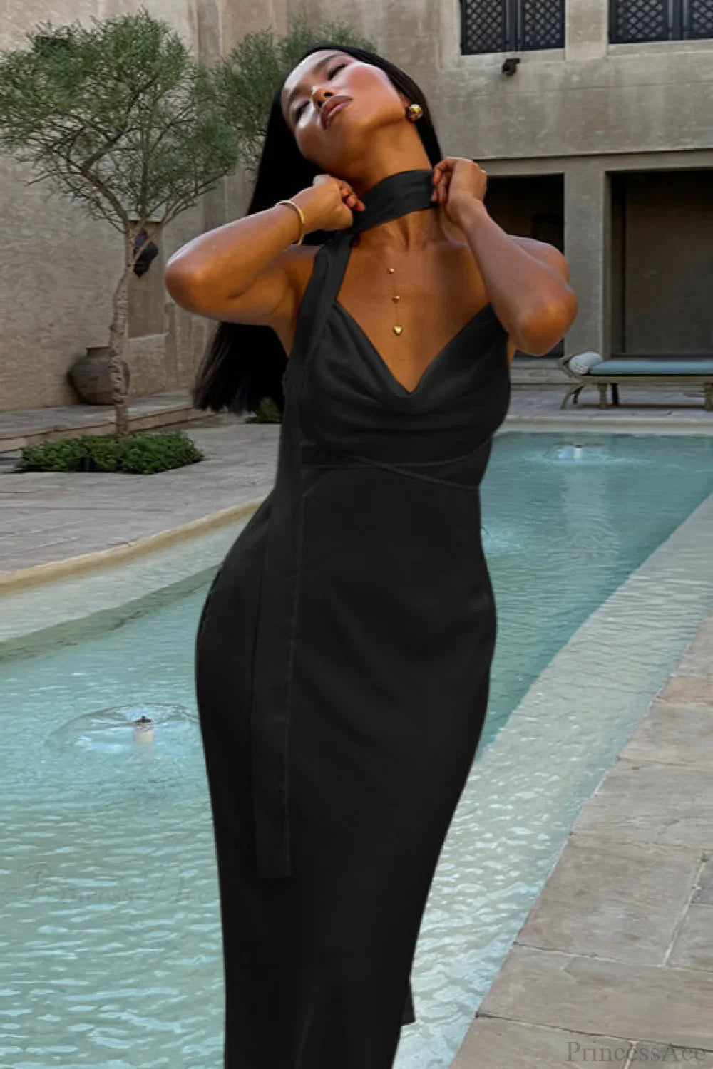 Fashionable Satin Tie Cami Bodycon Party  Dress