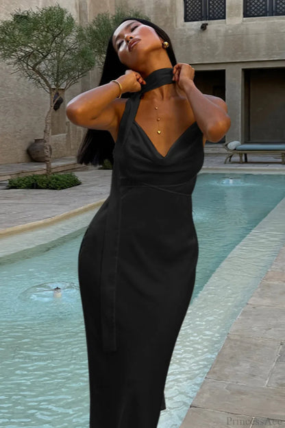 Fashionable Satin Tie Cami Bodycon Party  Dress