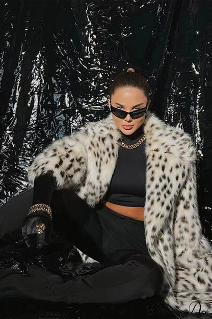 Faux Fox Fur Leopard Print Long Lapel Overcoat