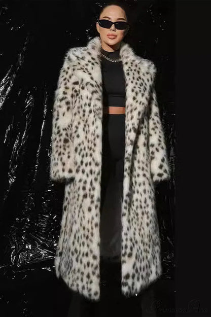 Faux Fox Fur Leopard Print Long Lapel Overcoat