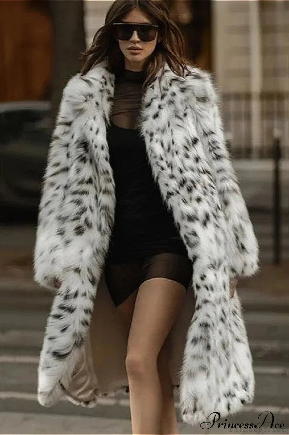 Faux Fox Fur Leopard Print Long Lapel Overcoat