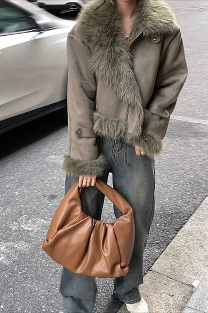 Faux Fur Suede Short Biker Jacket