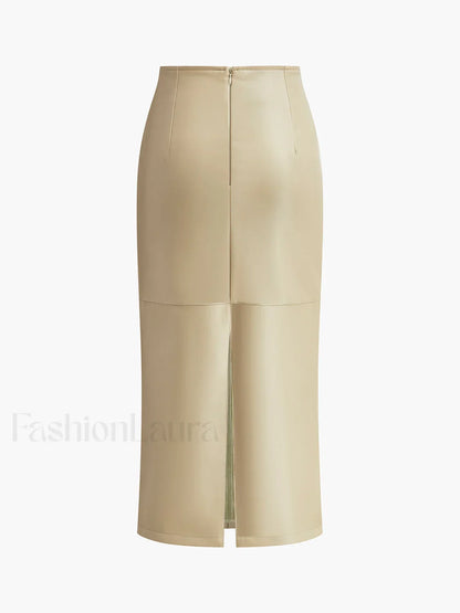 Faux Leather Piping Sit Midi Skirt