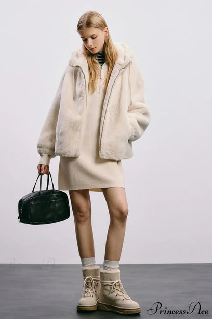 Faux Mink Rabbit Fur One Hooded Thick Coat