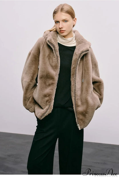 Faux Mink Rabbit Fur One Hooded Thick Coat