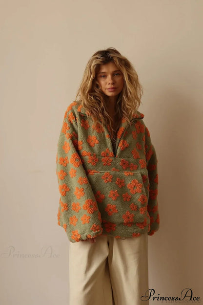 Faux Sherpa Printed Loose Zip Sweatshirt