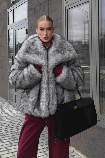 Faux Silver Fox Fur Chic Short Lazy Coat
