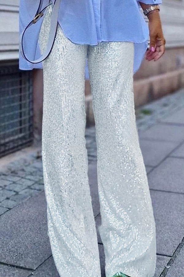 Solid color sequined fashionable casual straight pants