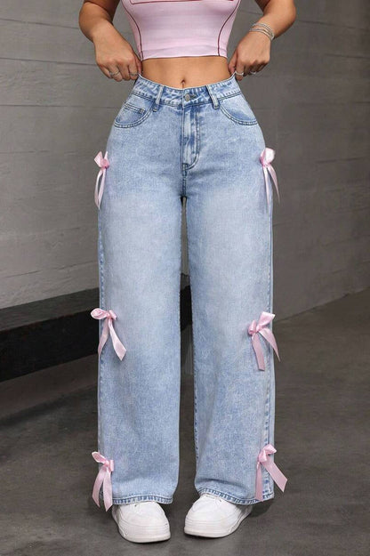 Y2K Bow Applique Washed Relaxed Jeans