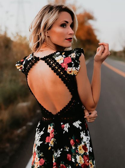 Black Floral Boho Maxi Dress for Women - High Low Hem Open Back Crochet Waist Long Dress - Summer Date Night Outfits 2026