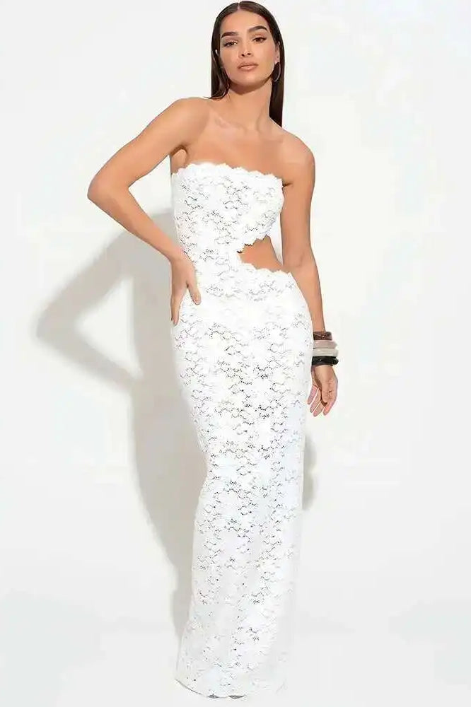 Floral Lace Strapless Side Cutout Bodycon Maxi Dress