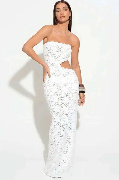 Floral Lace Strapless Side Cutout Bodycon Maxi Dress