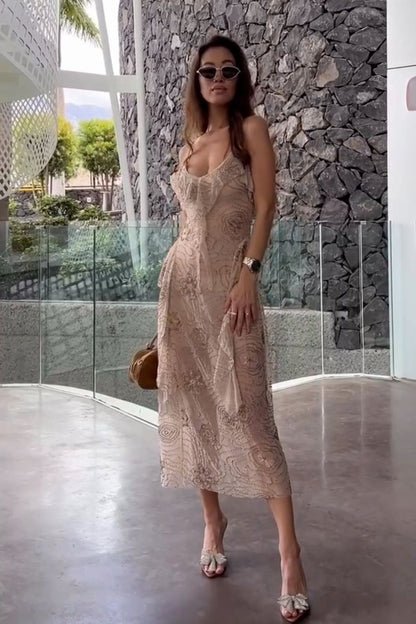 Embellished Sheer Solid Maxi Dress