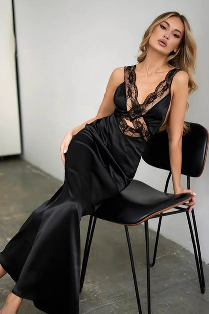 Sexy Lace Cut-out V-neck Satin Paneled Bodycon Maxi Dress