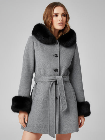 Belted Wool Blend Hooded Coat with black Faux fur cuffs For Women 2026