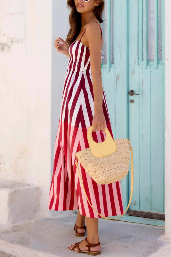 Striped Print Camisole Pleated Holiday Midi Dress