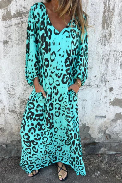 Leopard Print V-neck Pullover Long-sleeved Loose Dress