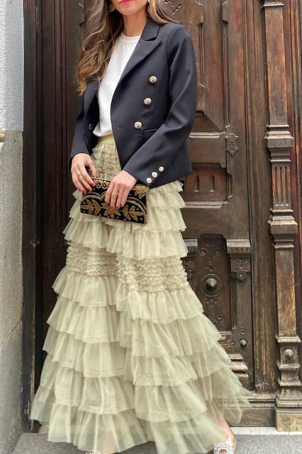 City Empress Tiered Elastic Waist Tulle Maxi Skirt