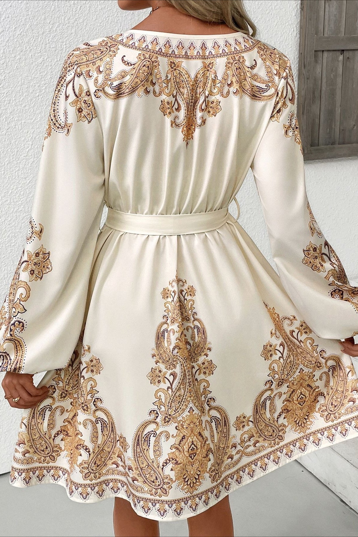 Paisley Print Deep V Balloon Sleeve Button Front Tie Waist Mini Dress