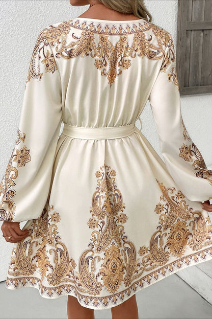 Paisley Print Deep V Balloon Sleeve Button Front Tie Waist Mini Dress