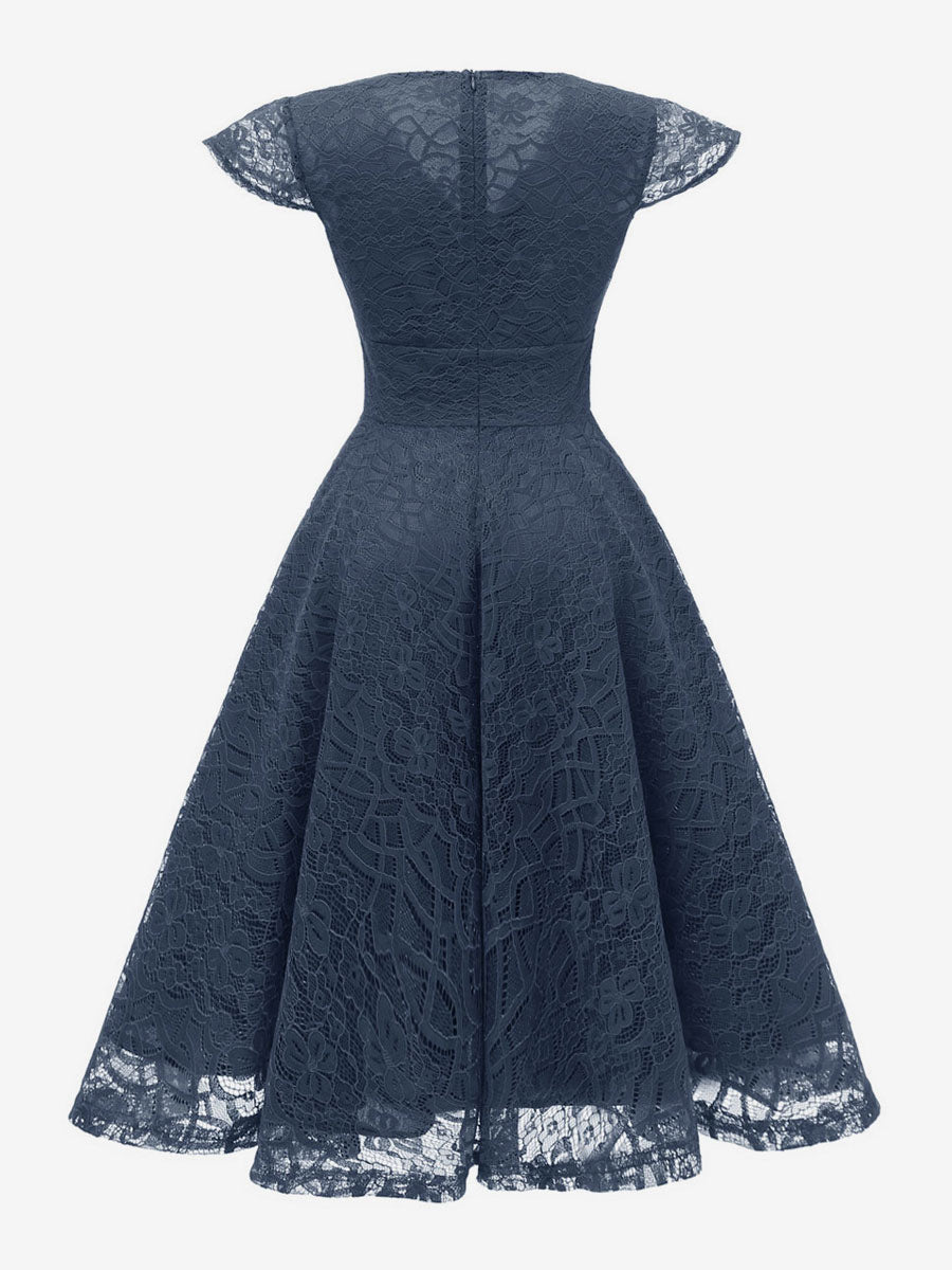 Vintage 1950s Midi Lace Dress for Women - V Neck Cap Sleeve A-line Cocktail Prom Gown - Wedding Guest Wear 2026