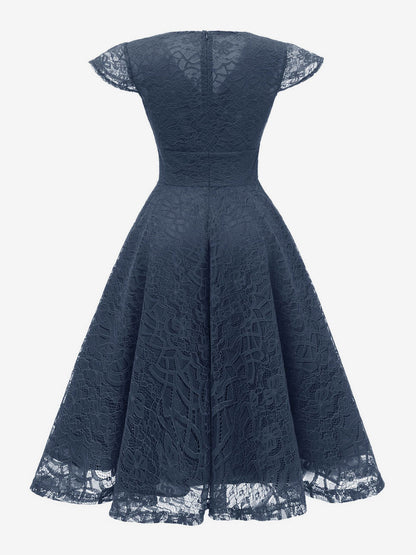 Vintage 1950s Midi Lace Dress for Women - V Neck Cap Sleeve A-line Cocktail Prom Gown - Wedding Guest Wear 2026