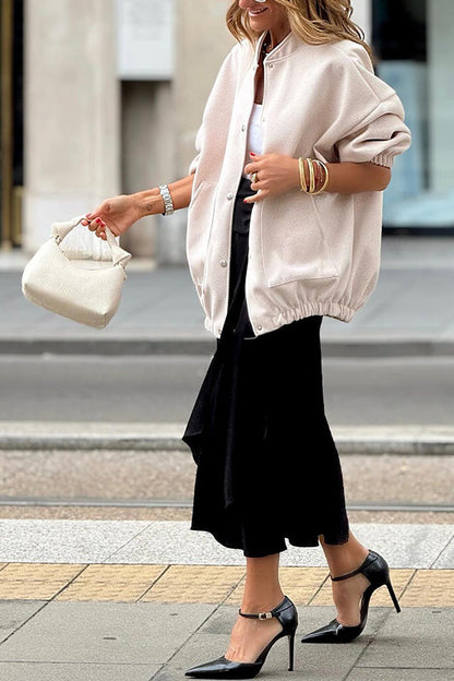 Solid color women's coat with stand collar and large pockets