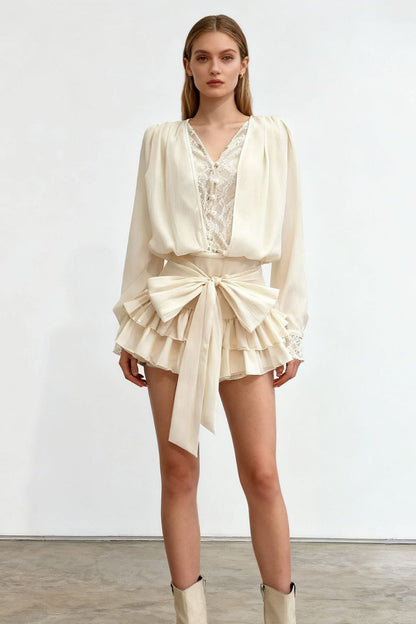 Lace Trim Button Front Long Sleeve Blouse and Tiered Ruffle Bow Waist Shorts Set