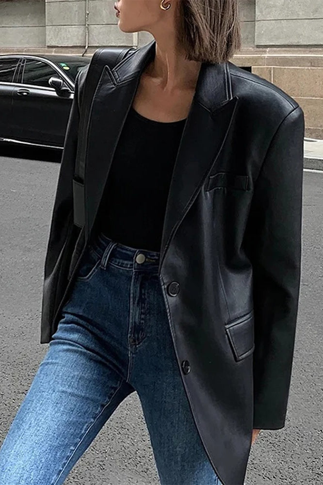 Black PU Leather Blazer Jacket