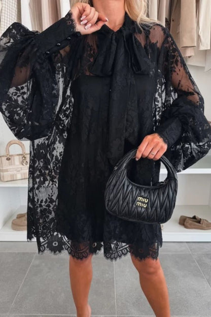 Night Rose Lace Bow Neck Long Balloon Sleeve A-line Mini Dress