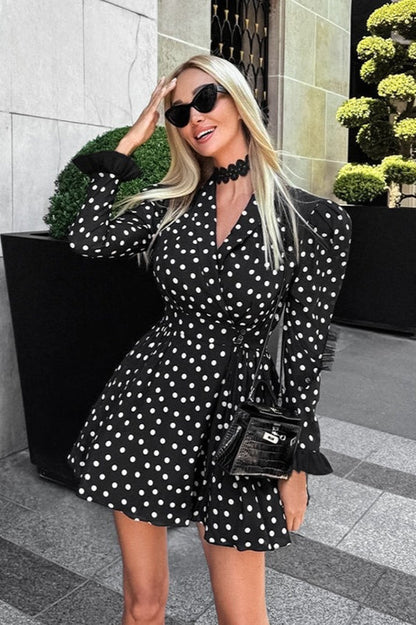 Polka Dot Wrap Deep V-Neck Puff Sleeve Flare Cuff Mini Dress