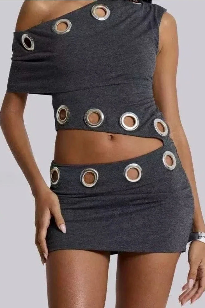 One Shoulder Grommet Trim Cut Out Bodycon Mini Dress