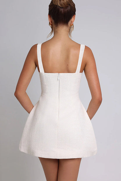 Elegant Tweed Square Neck Open Back Slim Pocket Mini Dress